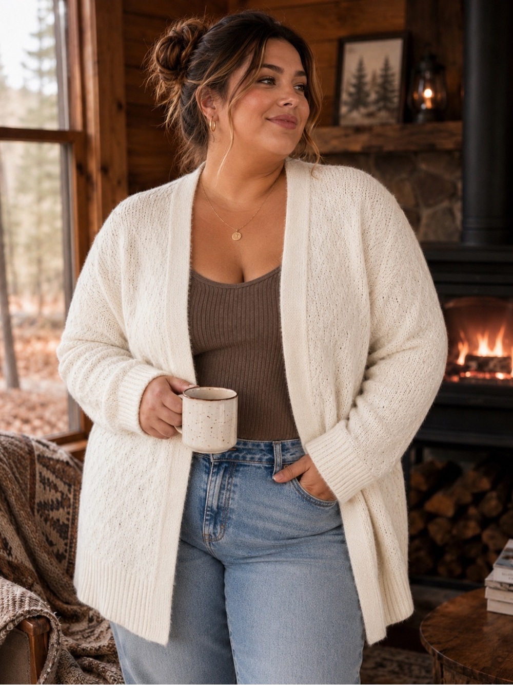 Bellini Cozy Open-Front Cream Knit Cardigan Sweater - 1X